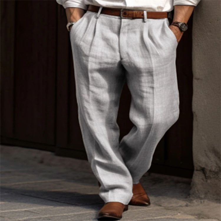 image-Men's Linen Trousers - White Straight