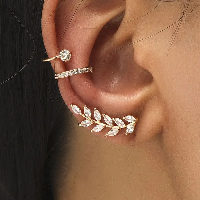 image-Simple Diamond Leaf Flower Zircon Ear Stud Set - No Pierced