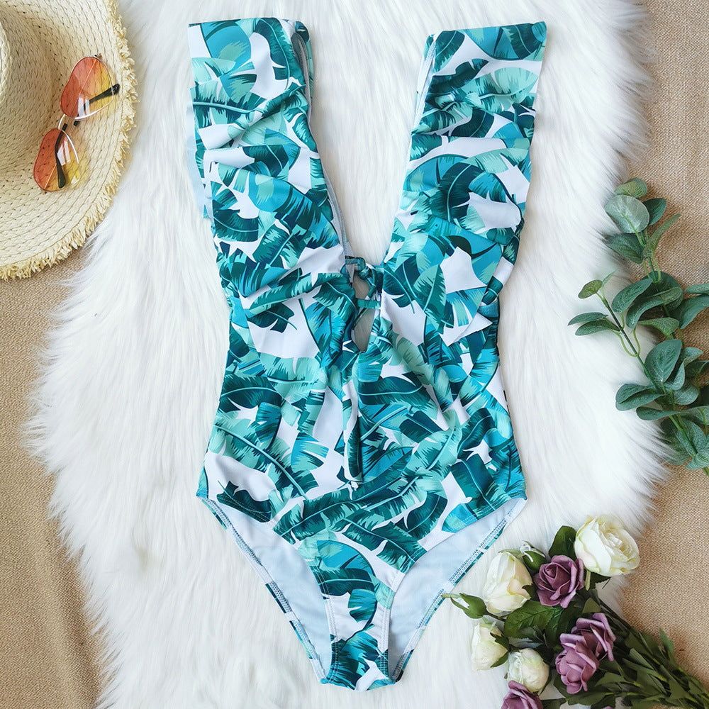image-One-piece swimsuit V-neck backless ruffled 