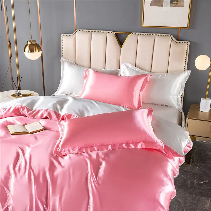 image-4-Piece Ice Silk Bedding Set - Pink Silver Gray
