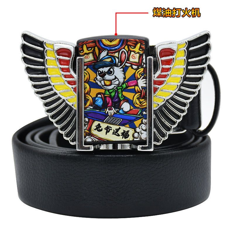 image-Men's Leather Belt - Black Punk Buckle