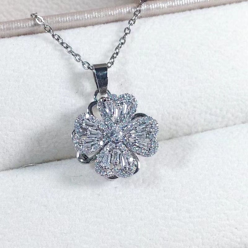 image-Four-Leaf Clover Rotating Necklace Set - Silver 925