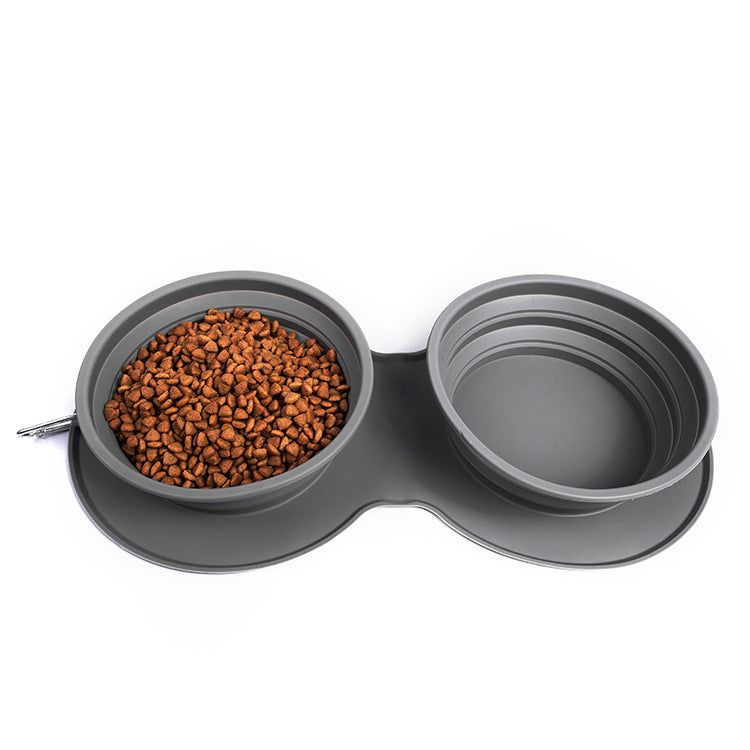 image-Silicone Foldable Pet Bowl - Grey Double Food 
