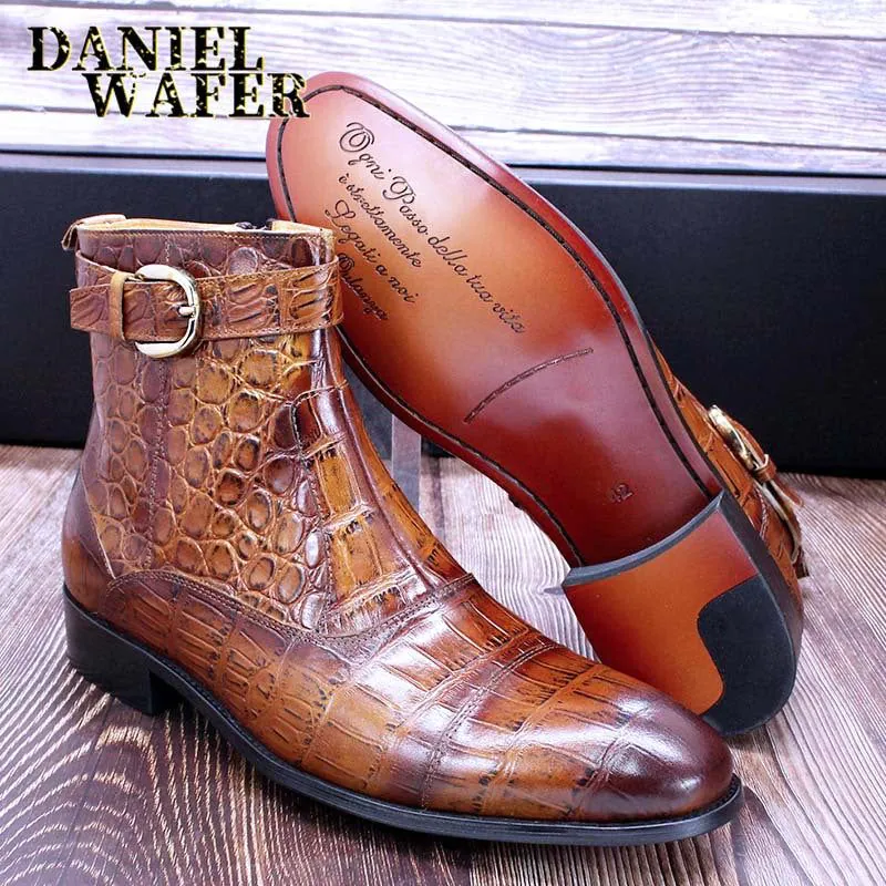 image-Men's Leather Ankle Boots - Brown Crocodile