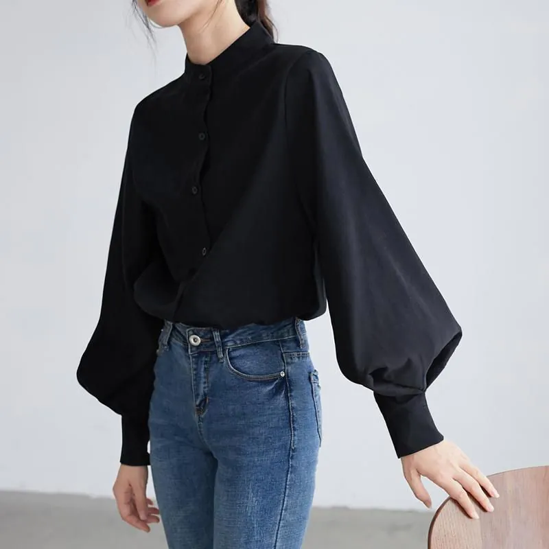 image-Black Cotton Lantern Sleeve Stand Collar Shirt