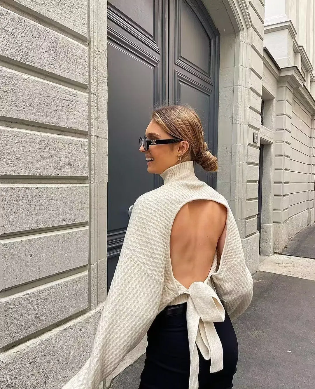 image-Backless Half Turtleneck Sweater - Short Sleeve