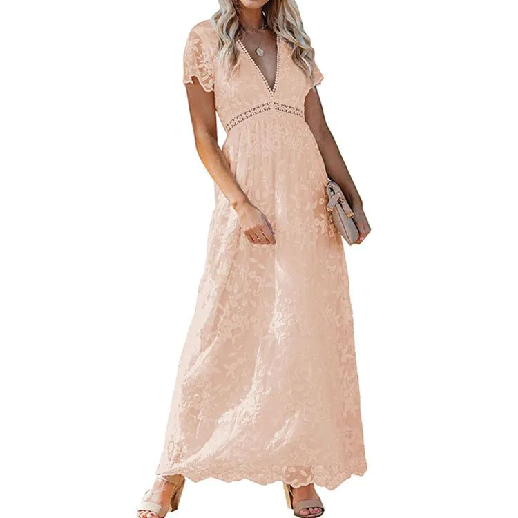 image-V-Neck Lace Patchwork Dress - Polyester XXL
