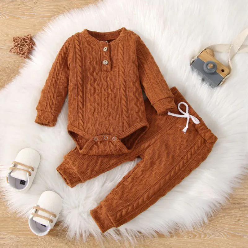image-Children's Round Neck Top and Pants Set - Solid Color