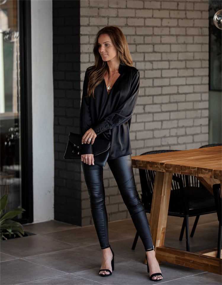 image-Polyester Pullover Shirt - Black V-Neck Long Sleeve