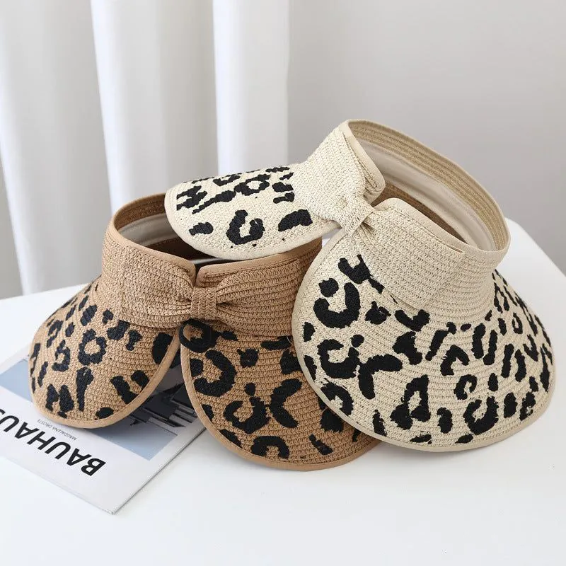 image-Straw Sun Hat Leopard Print Wide Brim Brown