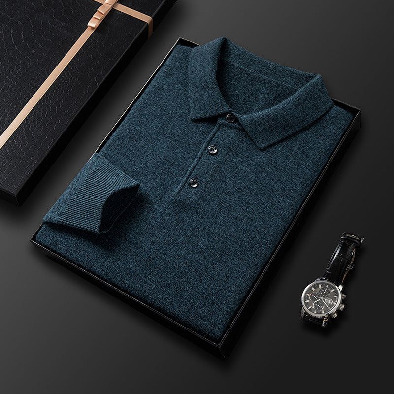 image-Men's Wool Sweater - Black Long Sleeve Lapel Pullover