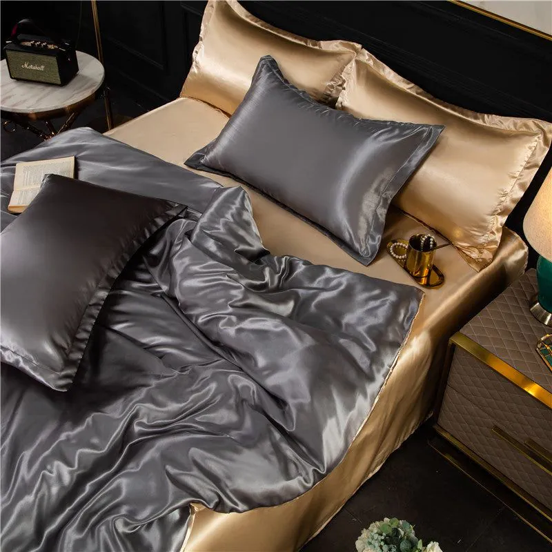 image-4-Piece Ice Silk Bedding Set - Pink Silver Gray