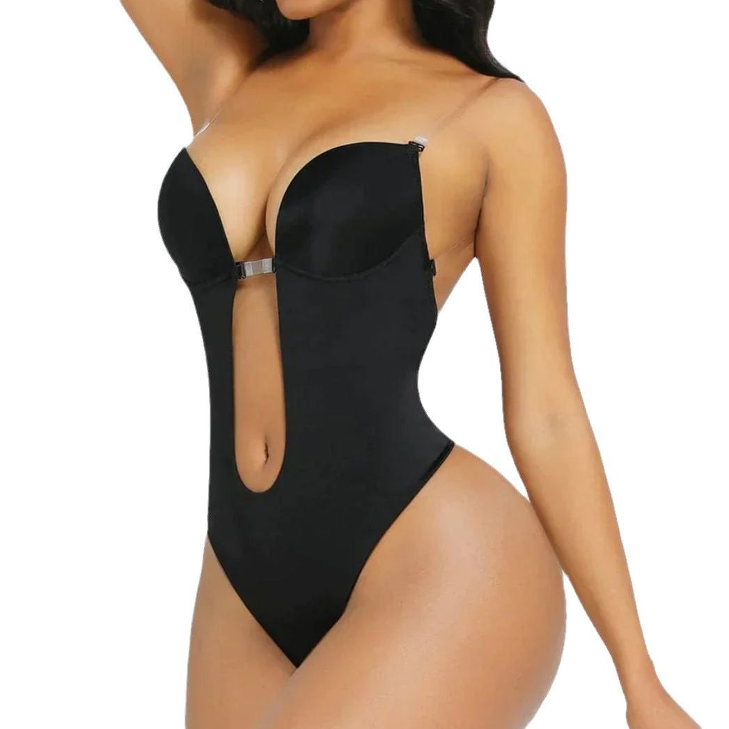 image-Shapewear Bodysuit - Deep V Backless Polyester Black