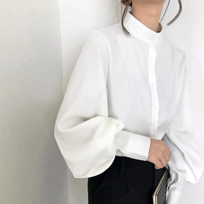 image-Black Cotton Lantern Sleeve Stand Collar Shirt
