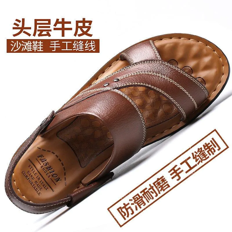 image-Men's Leather Sandals - Brown Open Toe