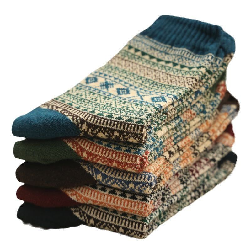 image-Women's Mid-Calf Socks - Retro Diamond Pattern Thick Knit