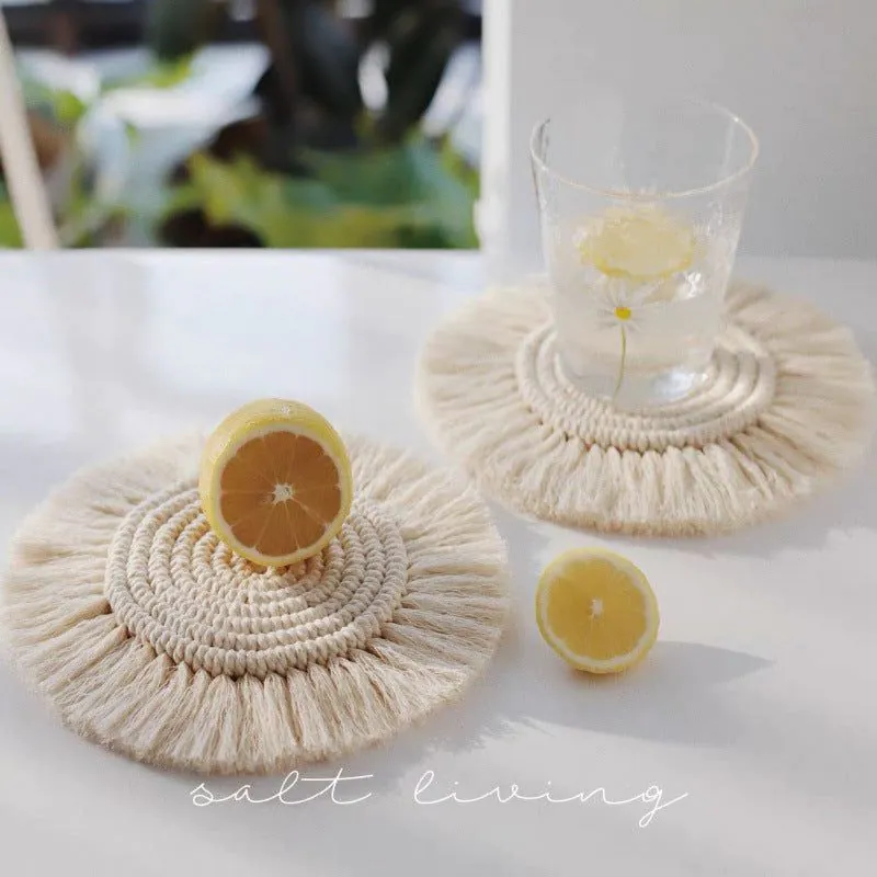 image-Boho Round Hand-Woven Table Mat - Gray 17cm Western Coaster