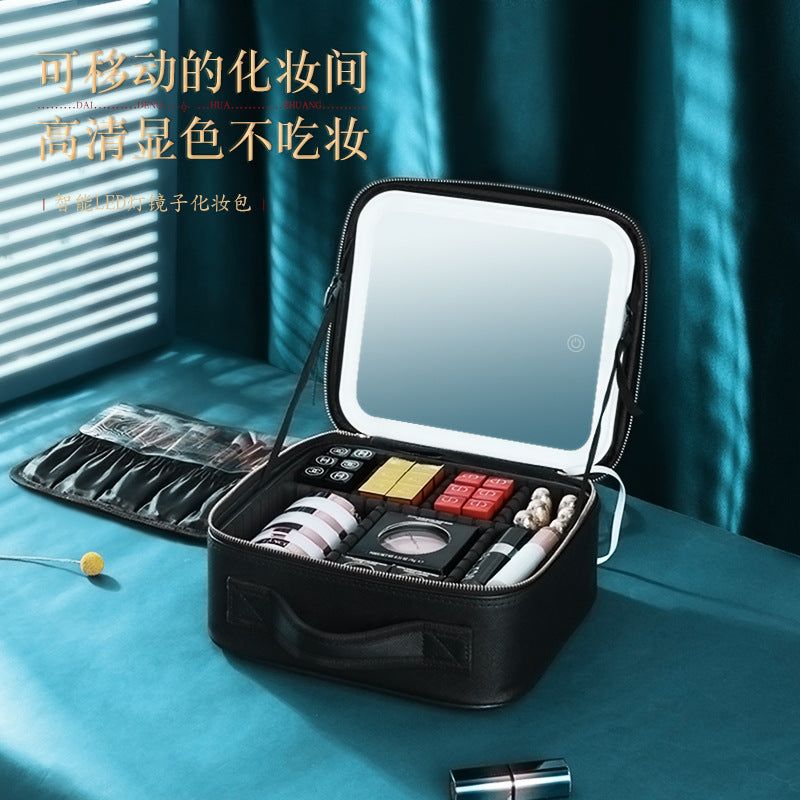 image-Makeup Case with Mirror & Light - Large PU Leather