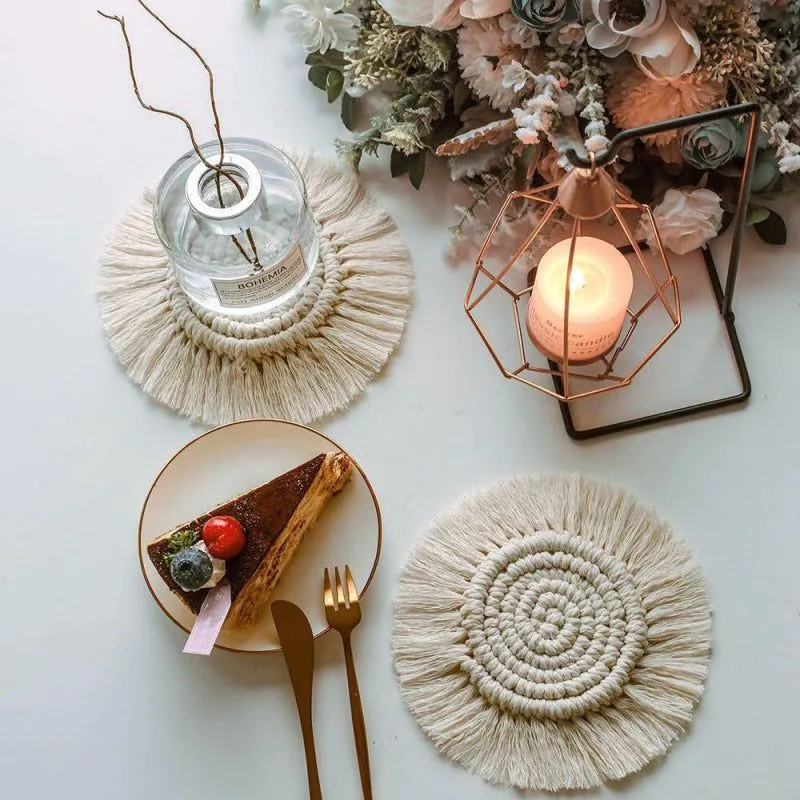 image-Boho Round Hand-Woven Table Mat - Gray 17cm Western Coaster