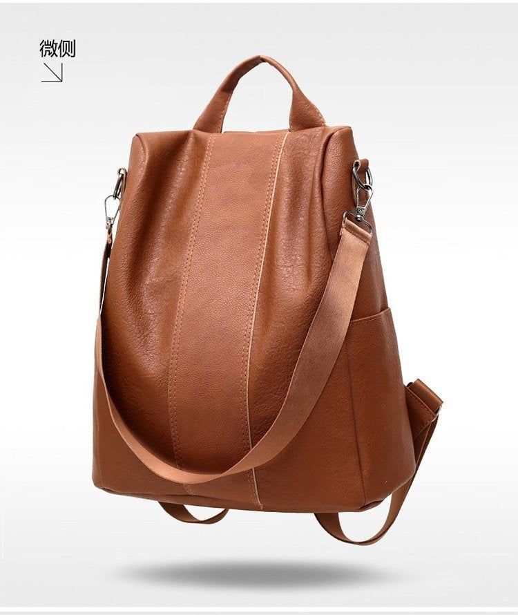image-PU Backpack Women - Brown Solid Color Retro 