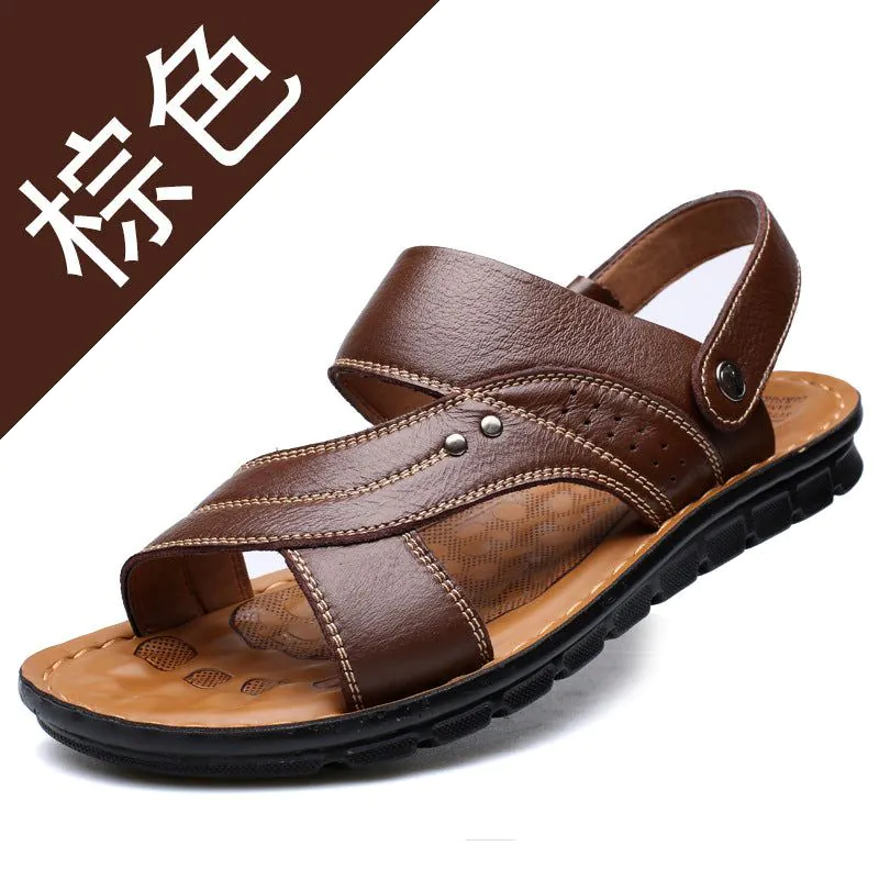 image-Men's Leather Sandals - Brown Open Toe