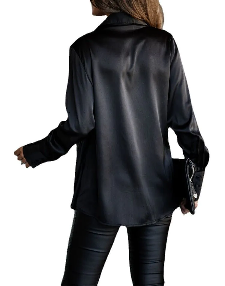 image-Polyester Pullover Shirt - Black V-Neck Long Sleeve