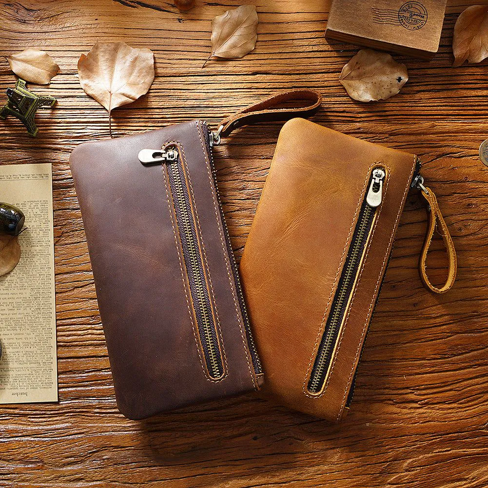 image-Retro Crazy Horse Leather Zipper Pen Bag Large Capacity Portable --- (57 characters)
