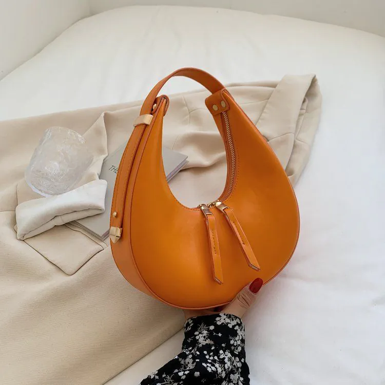 image-Beige PU Crescent Baguette Bag - Single Strap