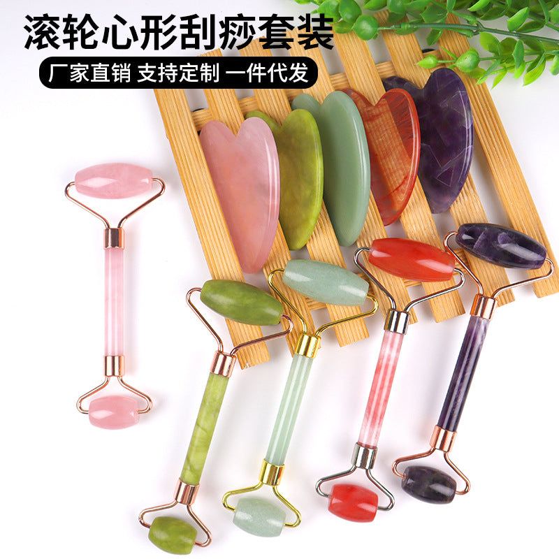 image-Hot Selling Pink Crystal Jade Roller Massage Set 