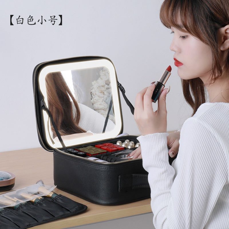 image-Cosmetic Storage Box With Mirror LED Light Black