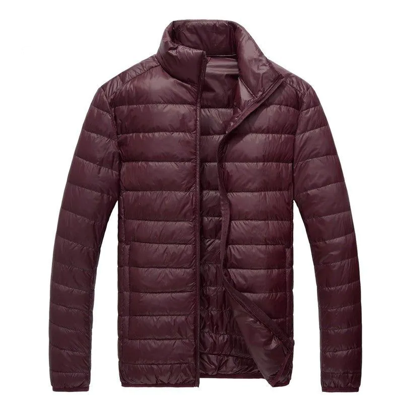 image-Men's Down Jacket - Light Grey Stand Collar Hooded