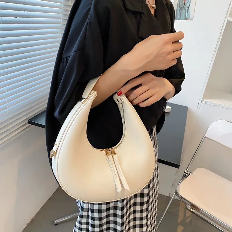 image-Beige PU Crescent Baguette Bag - Single Strap