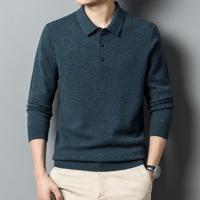 image-Men's Wool Sweater - Black Long Sleeve Lapel Pullover