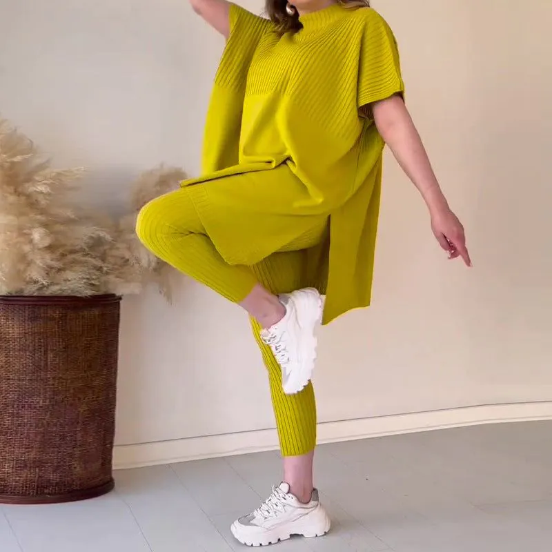 image-Round Neck Two-Piece Set - Yellow-Green Polyester Casual