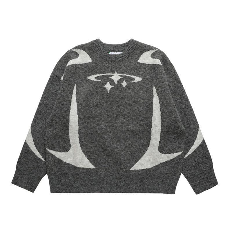 image-Grey Star Jacquard Sweater - Oversize Pullover XL