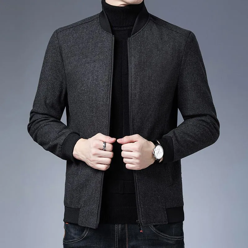 image-Navy Blue Slim Jacket Stand Collar Men's Raglan Sleeves