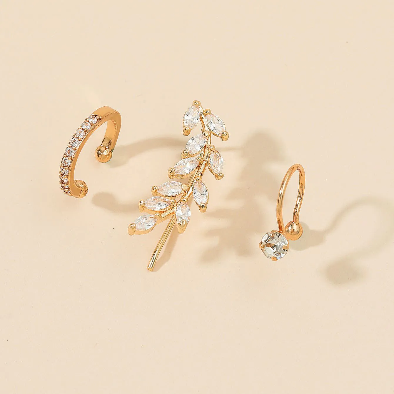image-Simple Diamond Leaf Flower Zircon Ear Stud Set - No Pierced