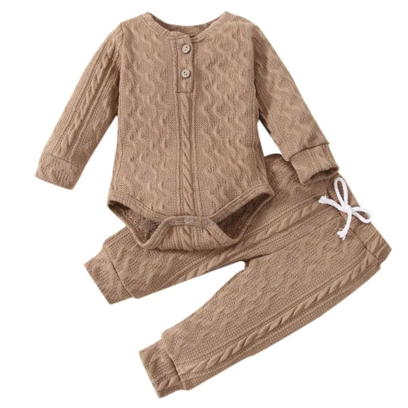 image-Children's Round Neck Top and Pants Set - Solid Color