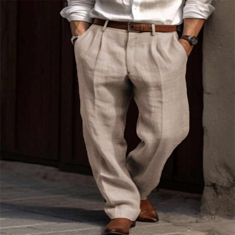 image-Men's Linen Trousers - White Straight