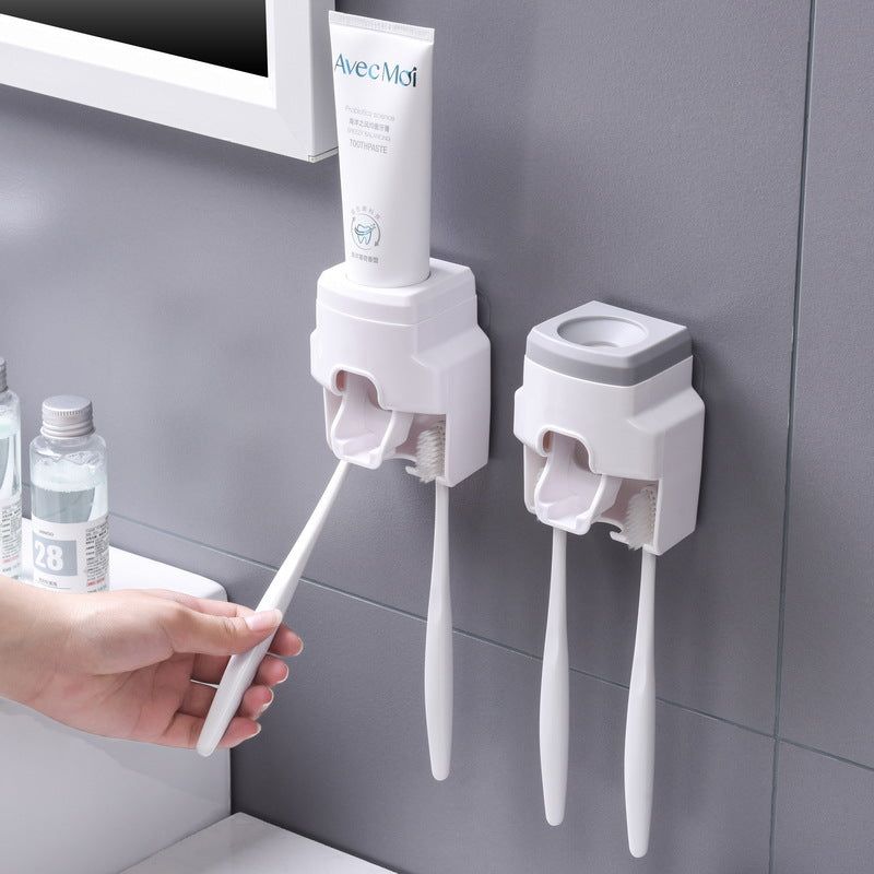 image-Wall-Mounted Automatic Toothpaste Dispenser & Toothbrush Holder 
