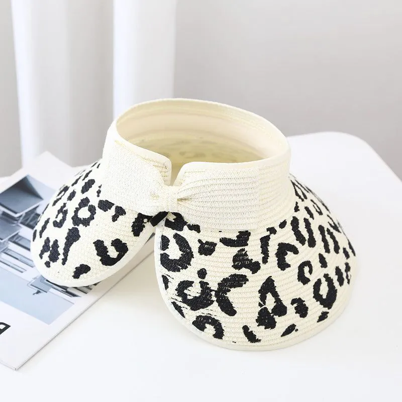 image-Straw Sun Hat Leopard Print Wide Brim Brown