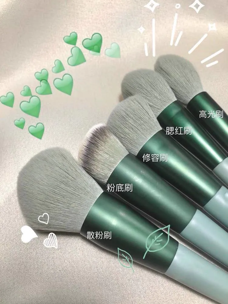 image-Makeup Brush Set 13pc Green Soft Synthetic 