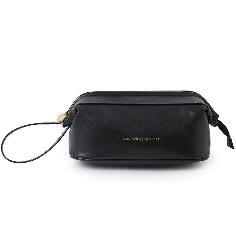 image-Portable Cosmetic Bag - Black PU Leather Pillow