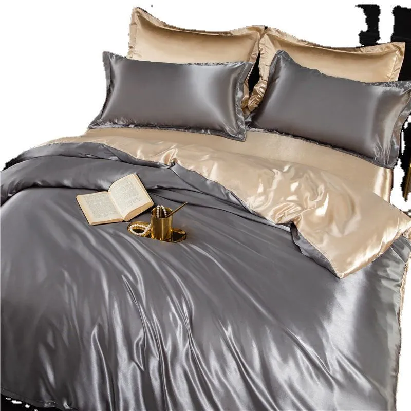 image-4-Piece Ice Silk Bedding Set - Pink Silver Gray