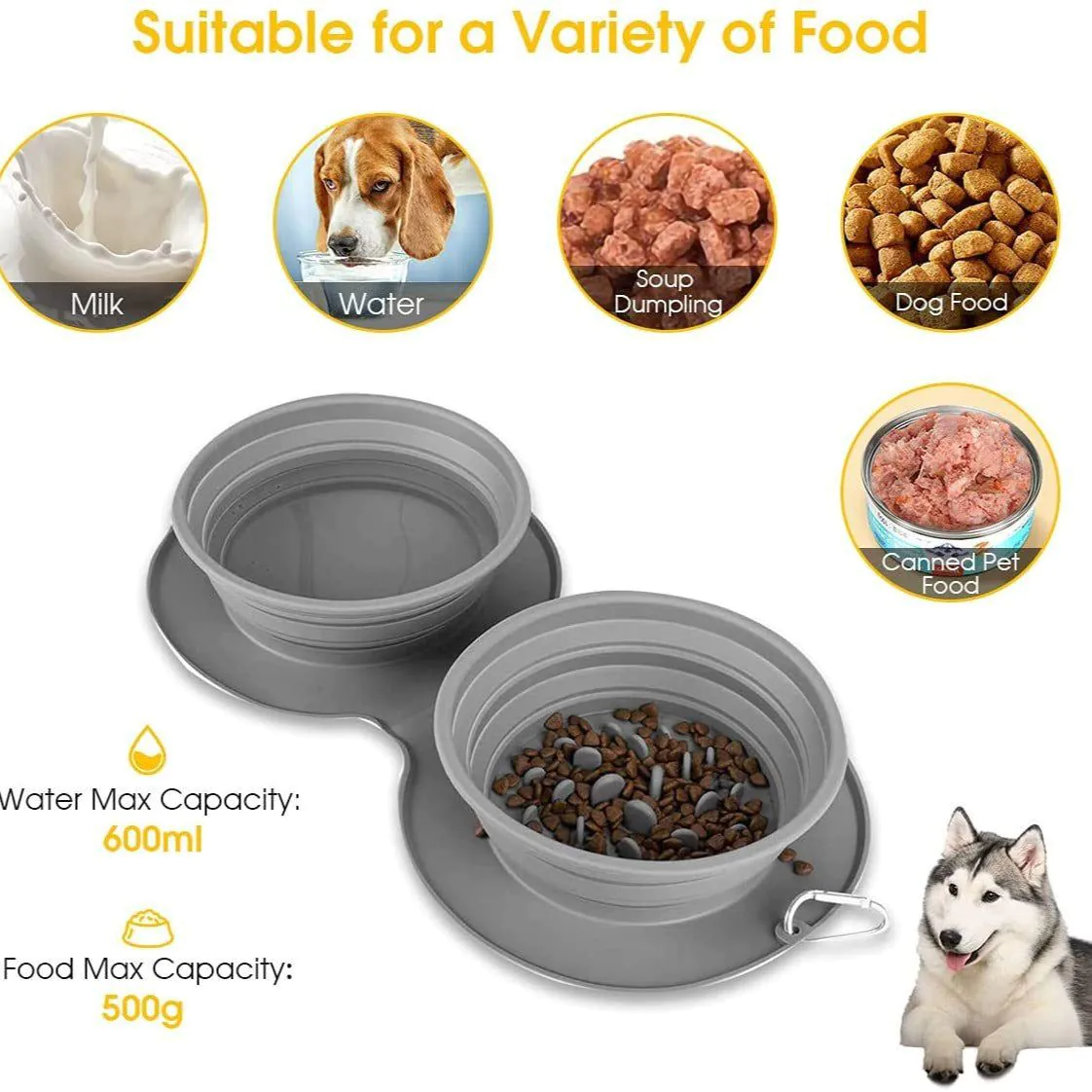 image-Silicone Foldable Pet Bowl - Grey Double Food 