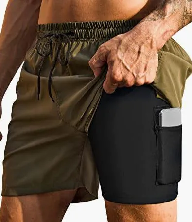 image-Men's 3D Print Swim Trunks - 2 Pack Quick Dry Stretch Shorts with Compression