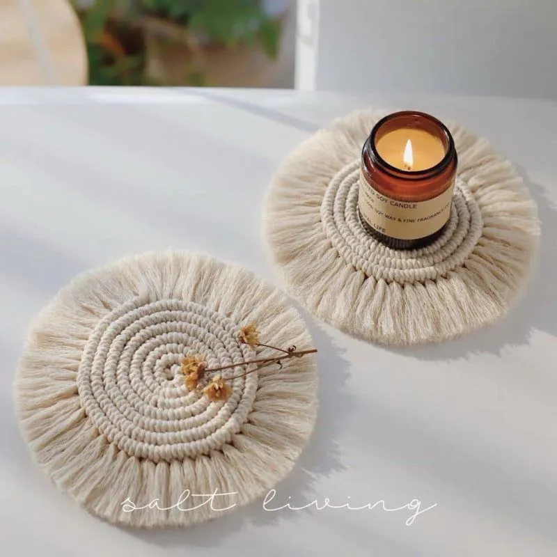 image-Boho Round Hand-Woven Table Mat - Gray 17cm Western Coaster