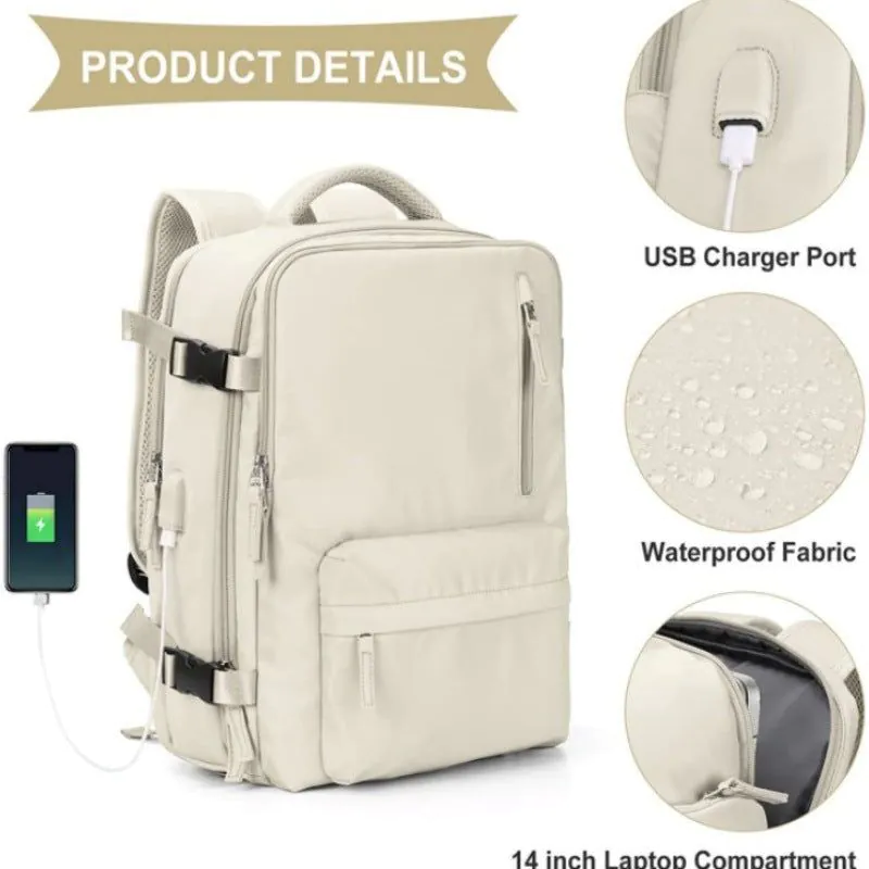 image-USB Rechargeable Travel Backpack 20-35L Off White
