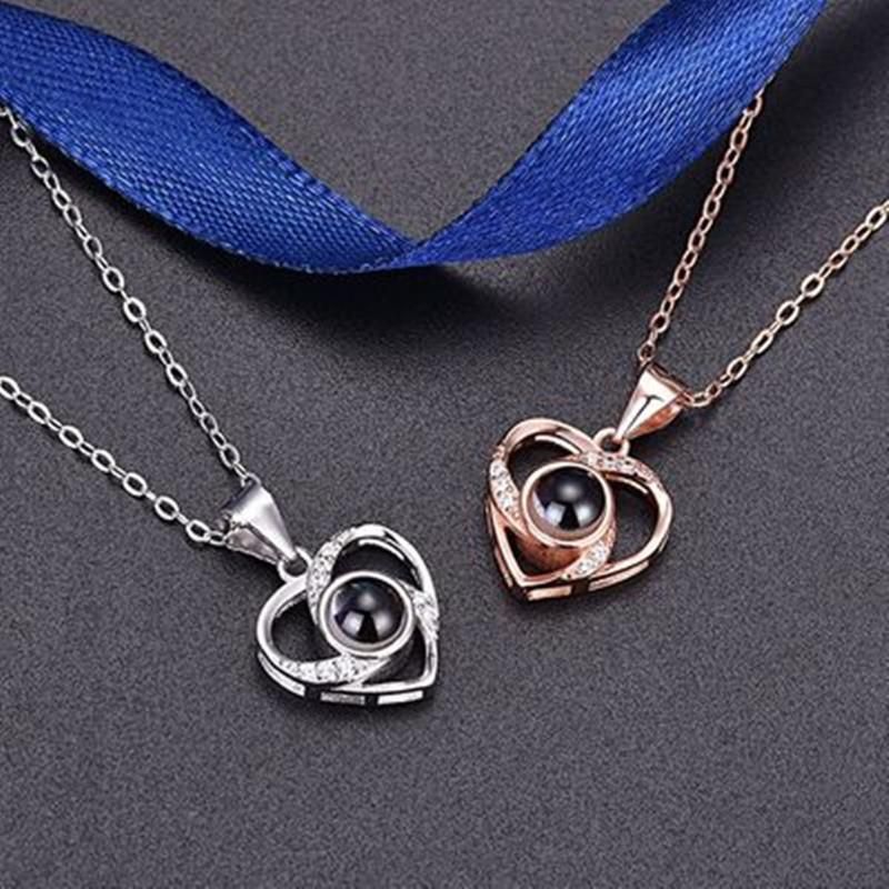 image-Sterling Silver Projection Necklace - 100 Languages Heart 