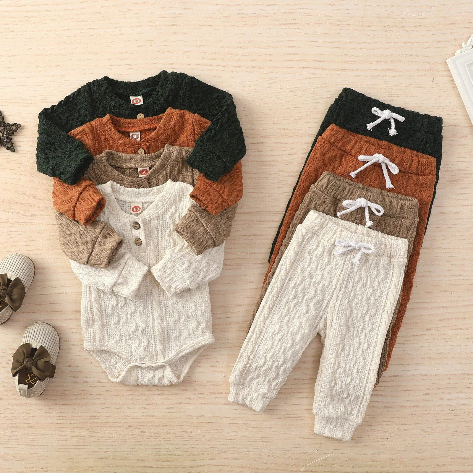 image-Children's Round Neck Top and Pants Set - Solid Color